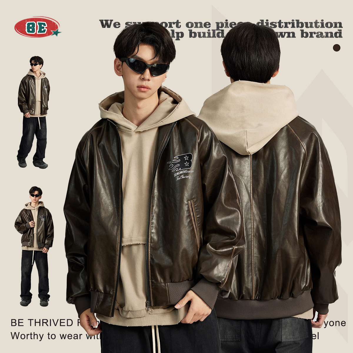 BE ropa de hombre | Chaqueta de cuero estilo motociclista con cuello alto, estilo retro bomber, estilo granero para hombre, primavera 2025