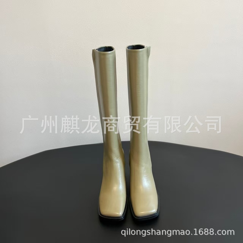 高端小众2025秋冬真皮方头复古粗高跟侧拉链高筒骑士靴不过膝长靴|undefined