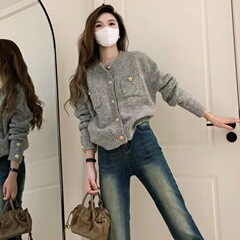 法式复古小香风灰色针织开衫毛衣女软糯感慵懒风外套上衣秋冬