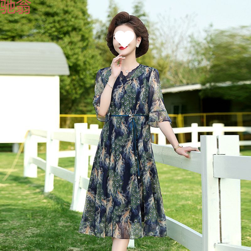 C3M新款妈妈装夏天连衣裙50到60岁洋气碎花裙中老年高挡中袖网纱