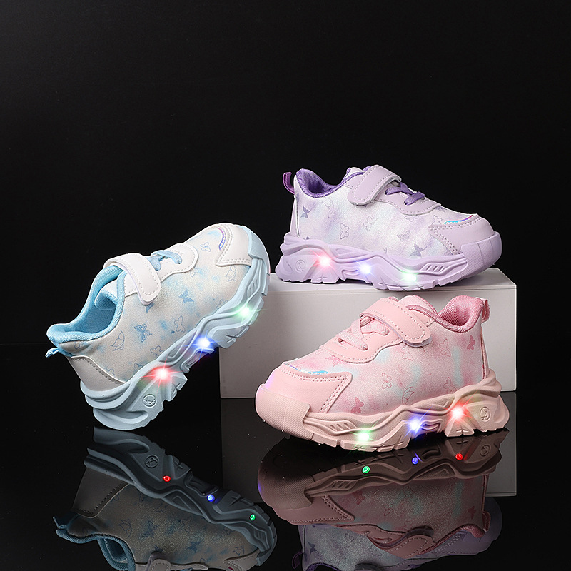 Girls' Shoes Cartoon Butterfly Autumn New Light-Up Sneakers Breathable Soft Sole Comfortable Velcro Dad Shoes
