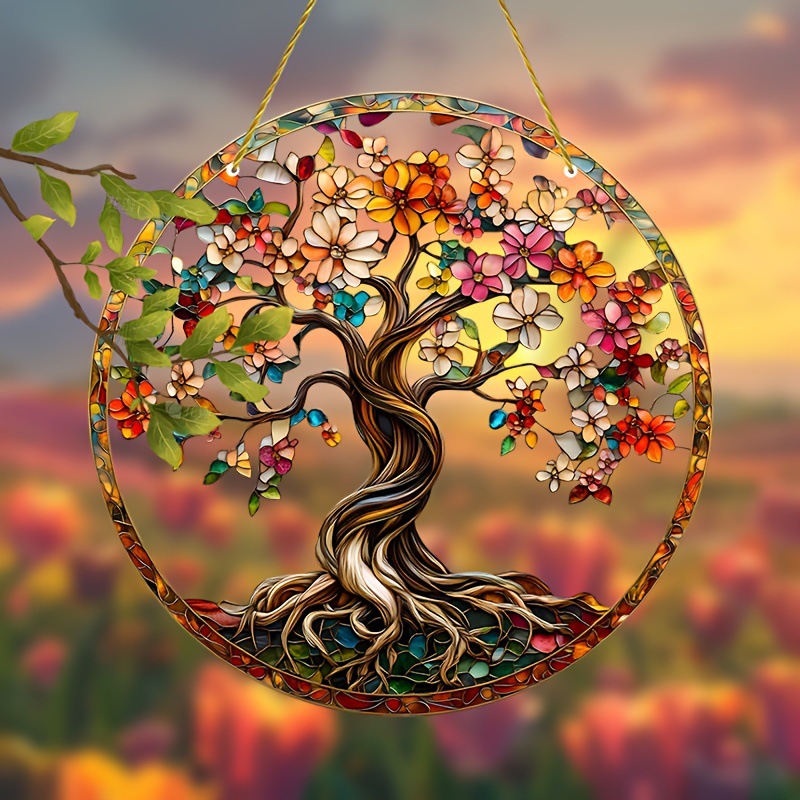 1 pieza de árbol de la vida 2D Acrílico plano jardín sol trampa, ventana de teñido colgante, hogar espiritual