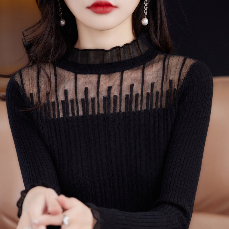 2025 Spring/Summer New Lace Ruffle Hollow-Out Wool Knit Base Shirt Women's Top to Pair with Sweater