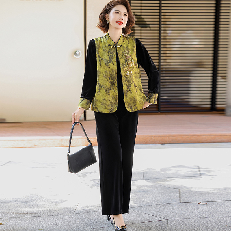 妈妈秋装新中式套装阔太太国风马甲上衣中老年女装气质丝绒三件套|undefined