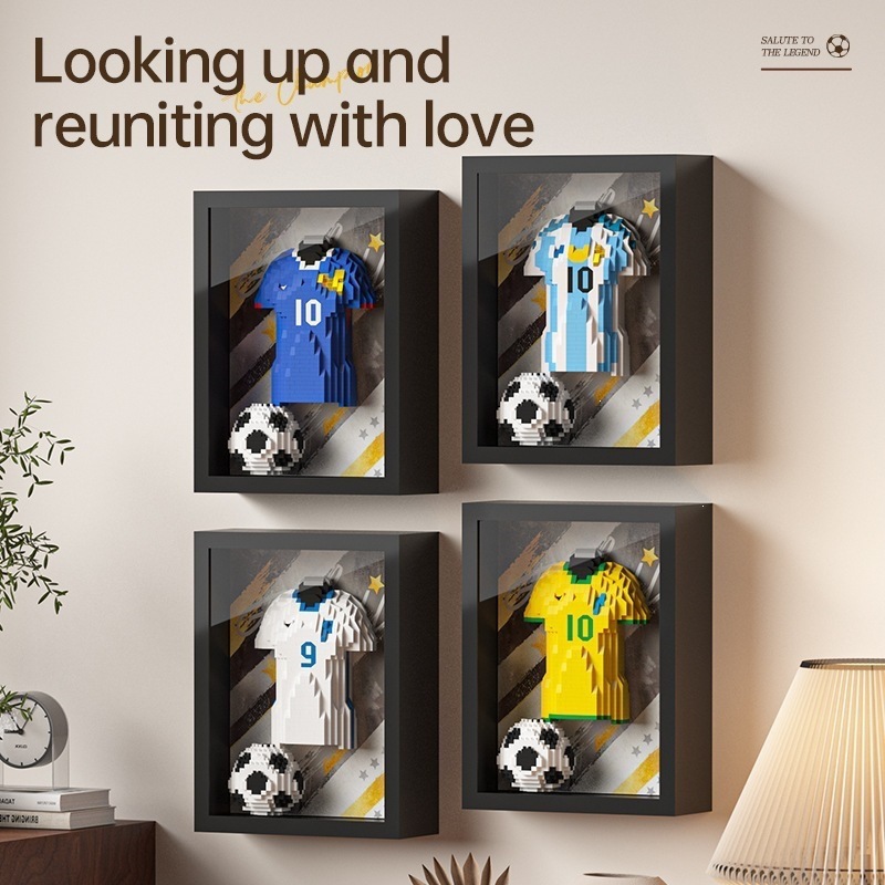 Camiseta temática de la Copa del Mundo Fútbol Potente Copa de Dios Bloques de construcción Marco de fotos de montaje Decoración periférica Juguetes de puzzle para niños