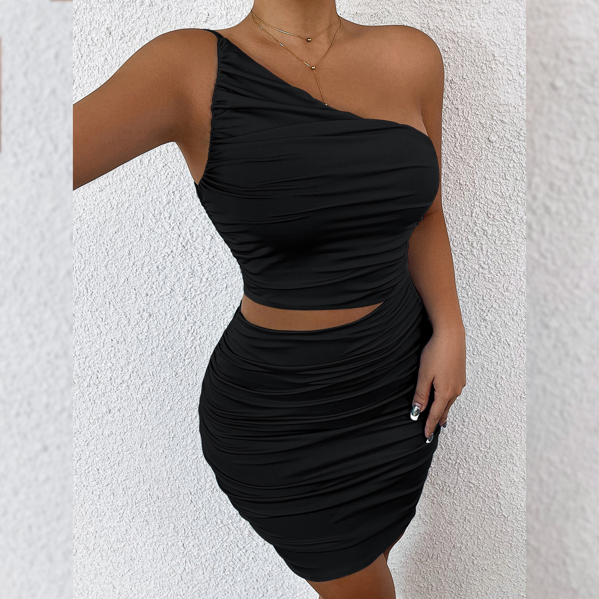 Women's One Shoulder Pleated Bodycon Dress Sexy Solid Colour_voghion.com