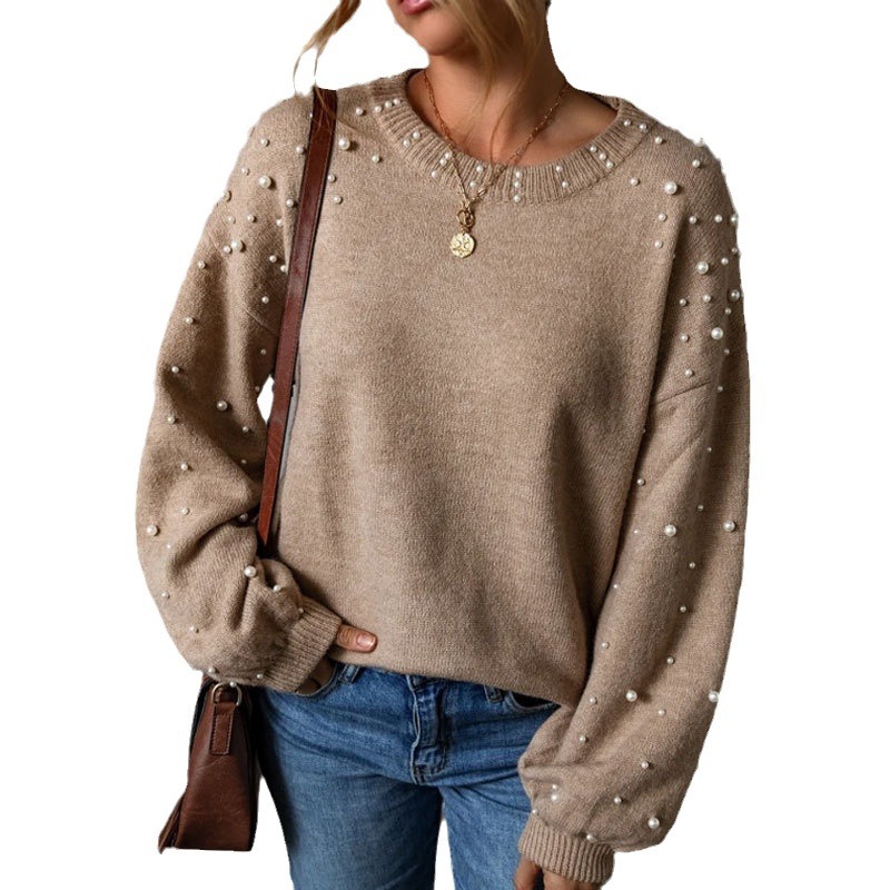 Women's Clothing autumn and winter new women's sweater loose beaded round neck pullover long sleeved knitted sweater_voghion.com