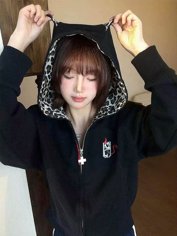 美式高街小恶魔豹纹开衫连帽卫衣女秋季设计感宽松百搭情侣装外套|undefined