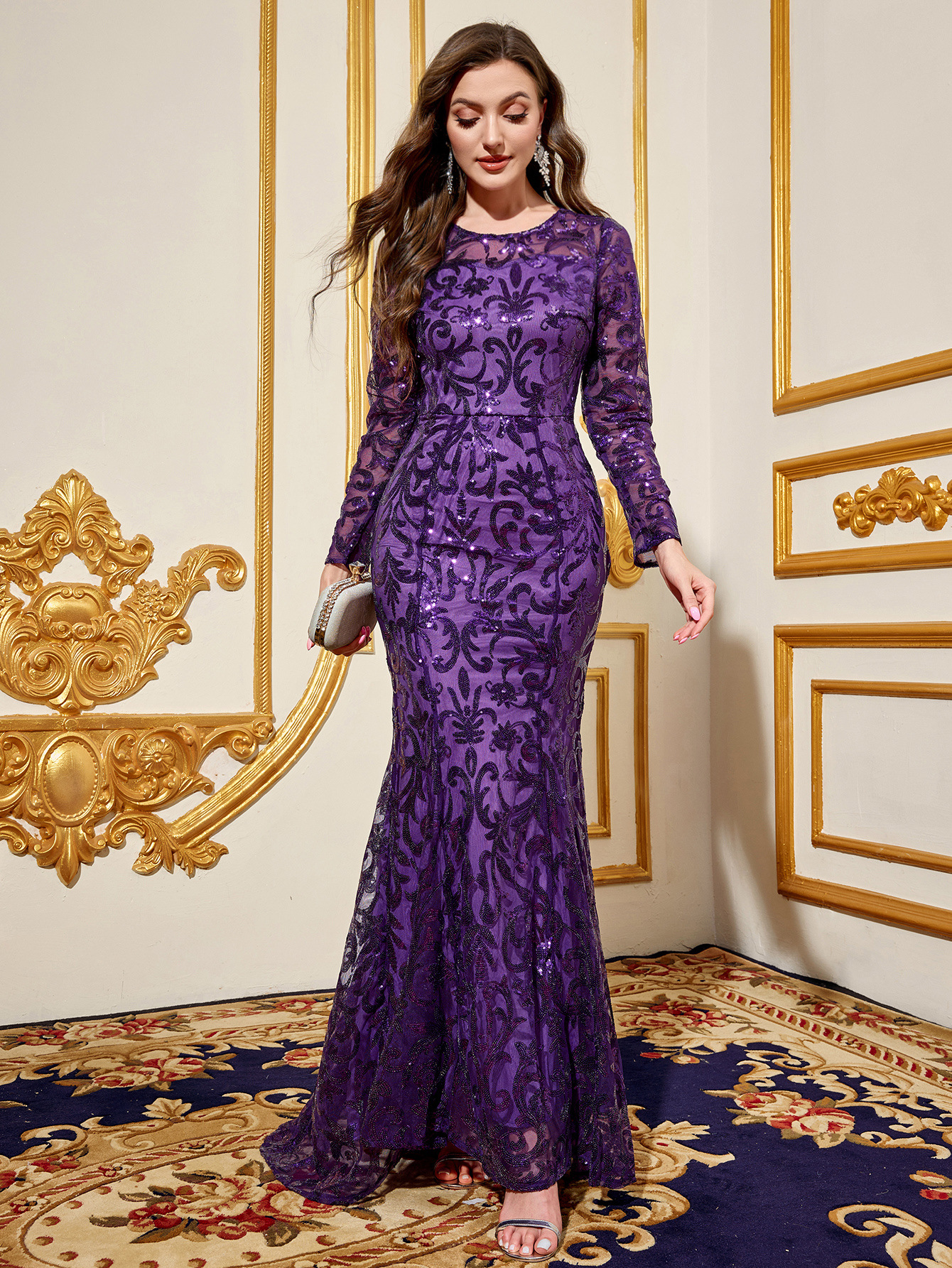 2024 vestido de lentejuelas de primavera y otoño vestido de noche largo de temperamento de cuello redondo púrpura vestido de manga larga de Amazon