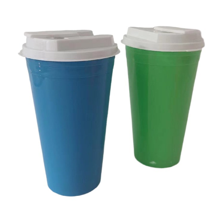 16OZ塑料PP双层隔热咖啡杯创意翻带盖随手杯活动促销礼品水杯