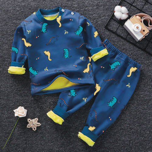 Children's warm innerwear set with plush and thick padding, suitable for boys and girls, autumn clothing, baby warm clothes, infant winter clothing with dinosaur pattern