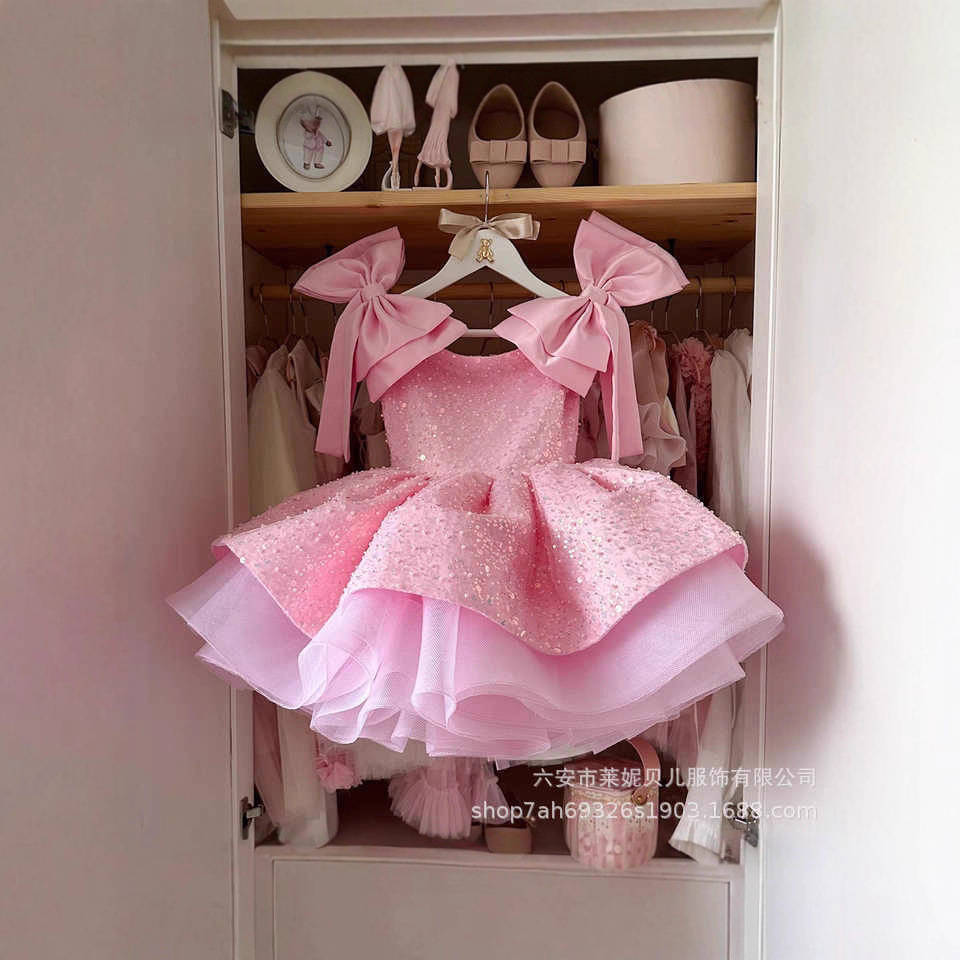 Christmas Pink Children's Dress 2025 New Performance Costume Sequined Puffy Yarn Girls Princess Dress Cross-Border Dropshipping