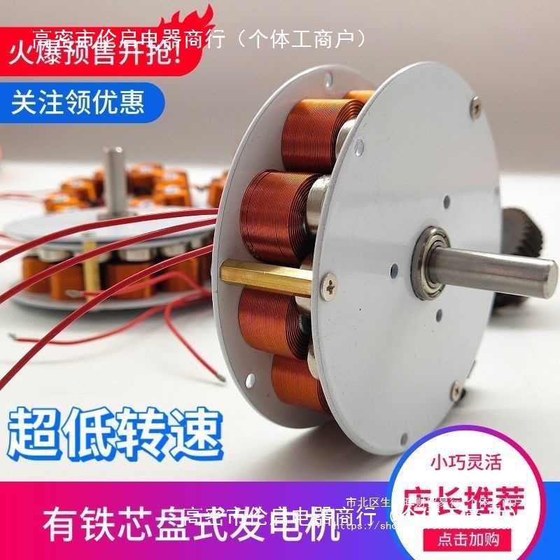 微型盘式有铁芯发电机 强磁 低速 高发电 多极 三相交流发电机