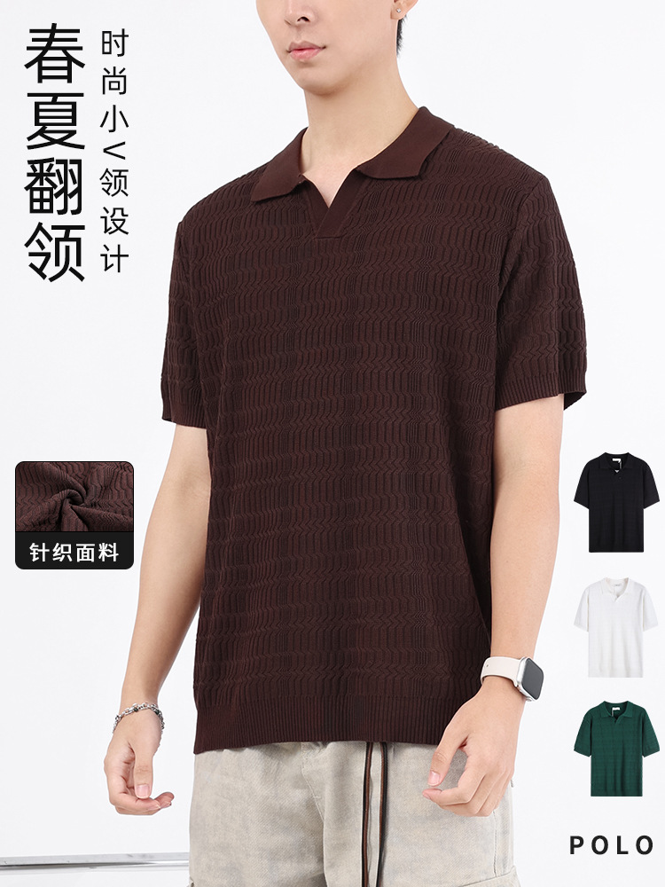 Polo de seda de hielo de manga corta Camiseta de cuello de sensación premium para hombres Negocios Casual Pequeño Cuello en V Paul Primavera y verano Camiseta para hombres
