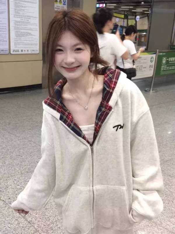 美式复古格子连帽卫衣女春秋oversize薄款外套宽松慵懒风开衫上衣|undefined