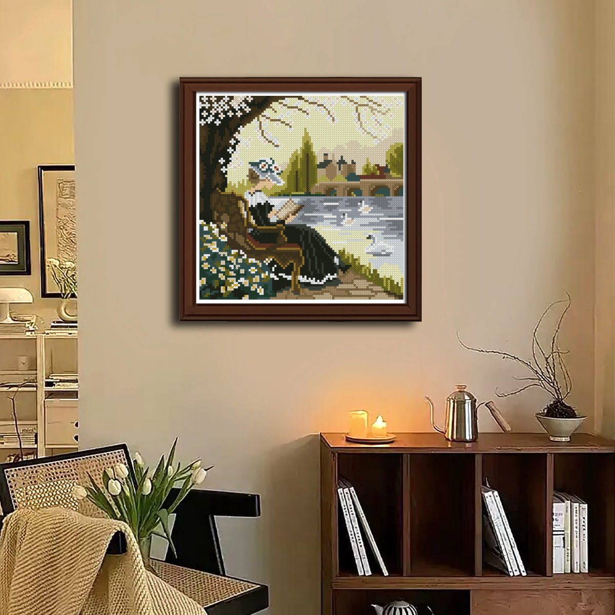 Nuevo estilo transfronterizo, punto de cruz estilo ins, lectura tranquila junto al lago, punto de cruz, bordado a mano, pintura de decoración de sala de estar image 1