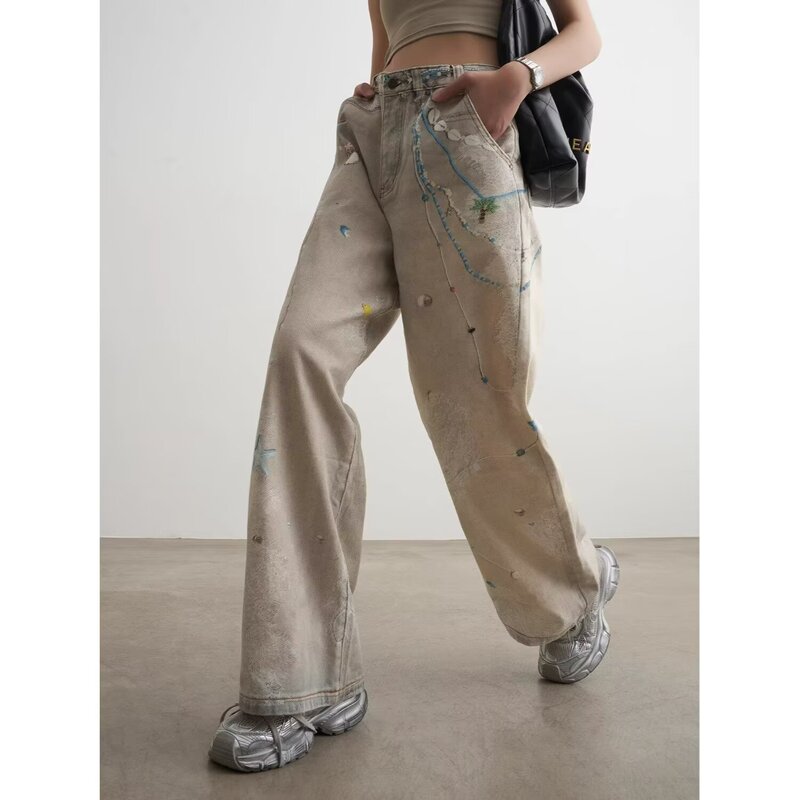 Forever 21 Chain Lace Printed Jeans Women's 2025 New Loose Straight Wide Leg Pants