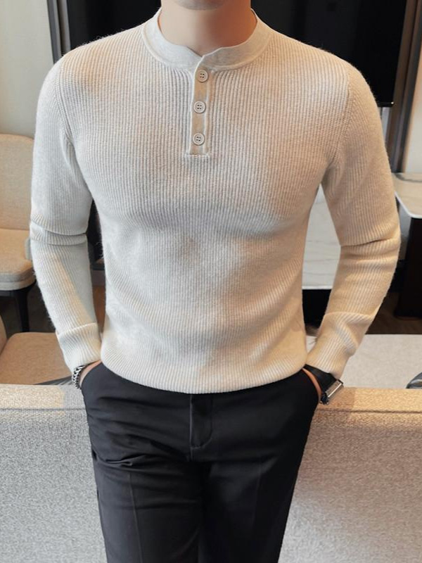 Foreign trade wholesale men's autumn and winter collarless knitted long sleeve sweater slim elastic coarse wool button collar base shirt