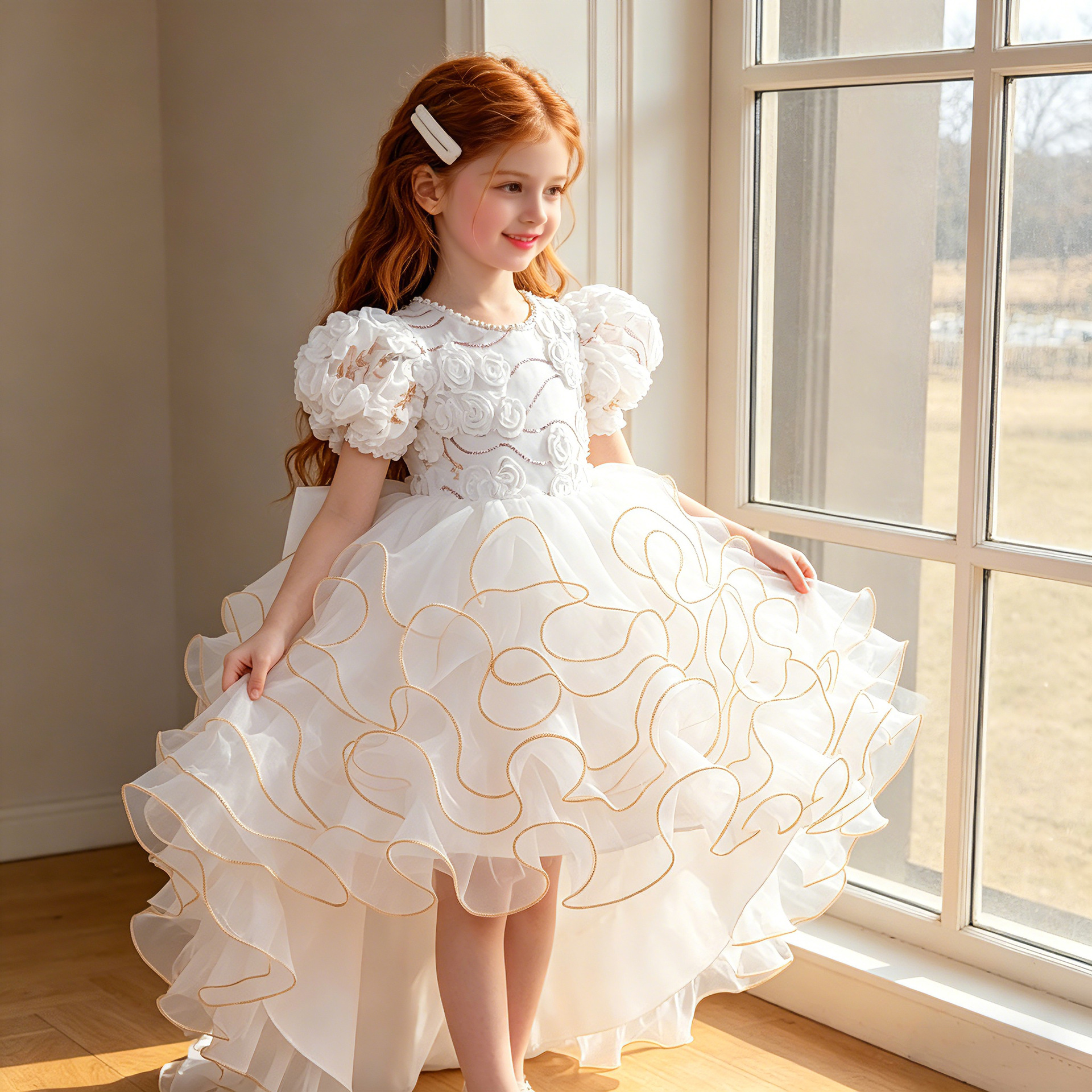Vestido infantil europeo y americano burbuja mangas bordadas pastel de cola vestido princesa vestido de fiesta de cumpleaños vestido de flores en stock 8633