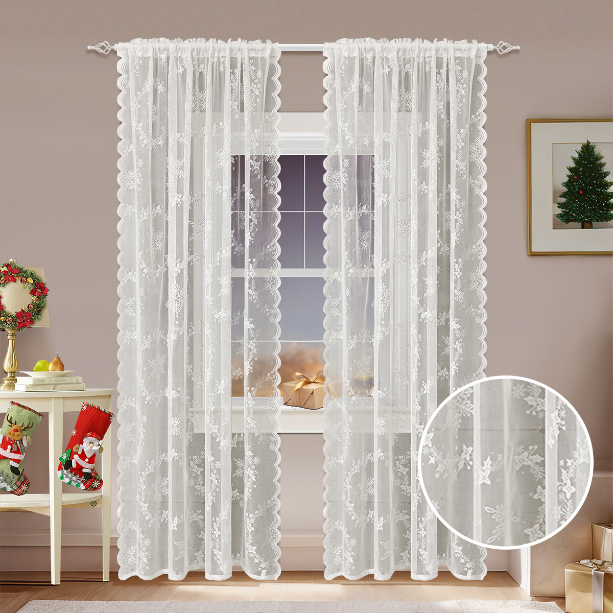 Nuevo espejo transfronterizo copo de nieve ventana de tela de barra de presión de hilo de encaje de acero cortinas de sombra decoración de sala de estar TEMU