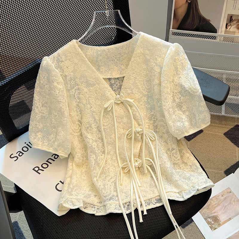 New Chinese Style Button Elegant V-neck Lace Shirt Women's Summer New Style Small Shirt Beautiful Chic Bubble Short-sleeved Top