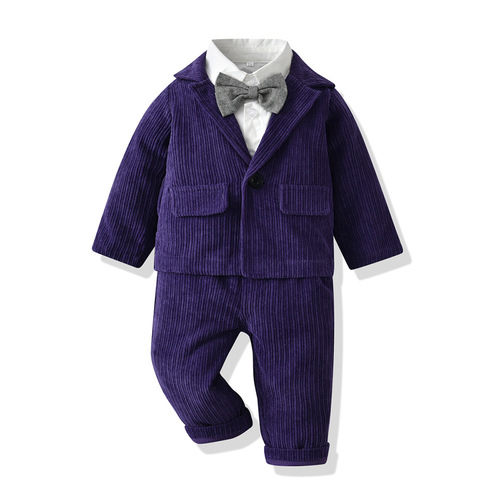 Autumn Corduroy Children's Set Trendy Long-Sleeve Solid Color Jacket Bow Tie Cotton Shirt Korean Style Children's Pants Three-Piece Set