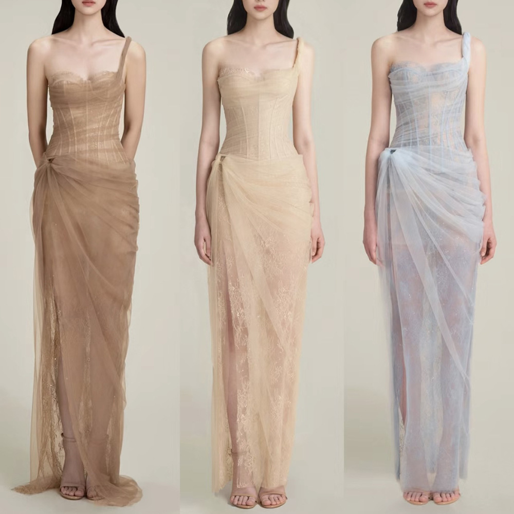 Heavy Design Tulle Lace Tube Top Fishbone Slimming Look Long Dress Light Mature Royal Sister French Seaside Slit Dress