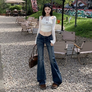 美式深蓝辣妹微喇不贴腿牛仔裤女2025秋季新款低腰弹力显瘦牛仔裤