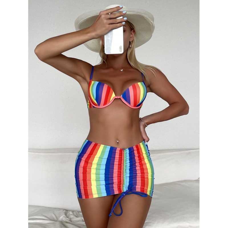 2022 nuevas mujeres populares europeas y americanas de rayas sexy playa Bikini de tres piezas traje de baño de las mujeres