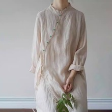 民族风棉麻连衣裙春夏过膝显瘦文艺范复古蕾丝长裙改良版旗袍