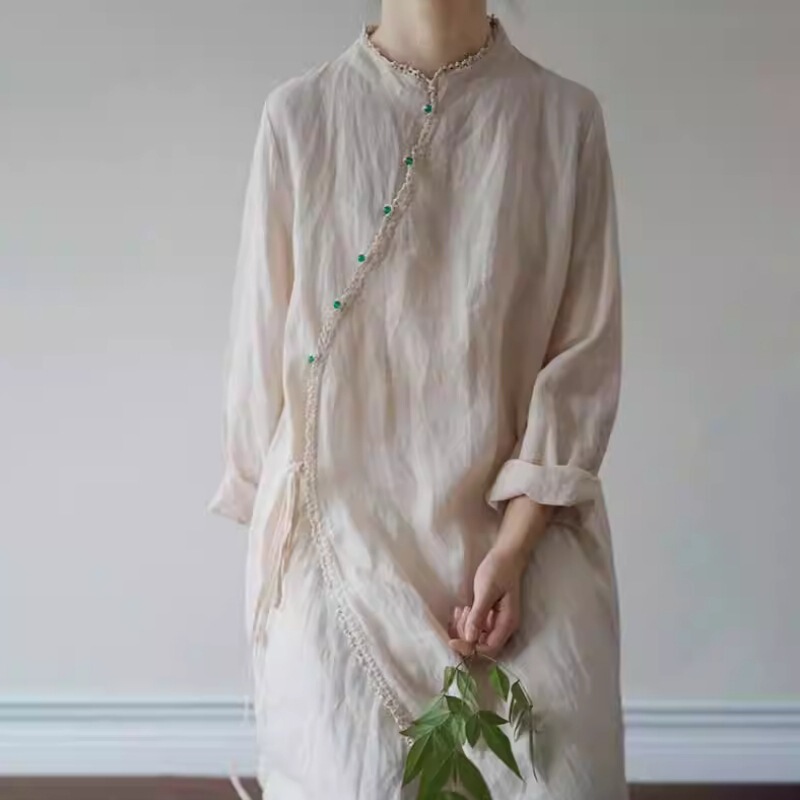 Ethnic Style Cotton and Linen Dress Spring and Summer Over-The-Knee Slimming Look Literary Style Retro Lace Long Skirt Improved Version of Cheongsam