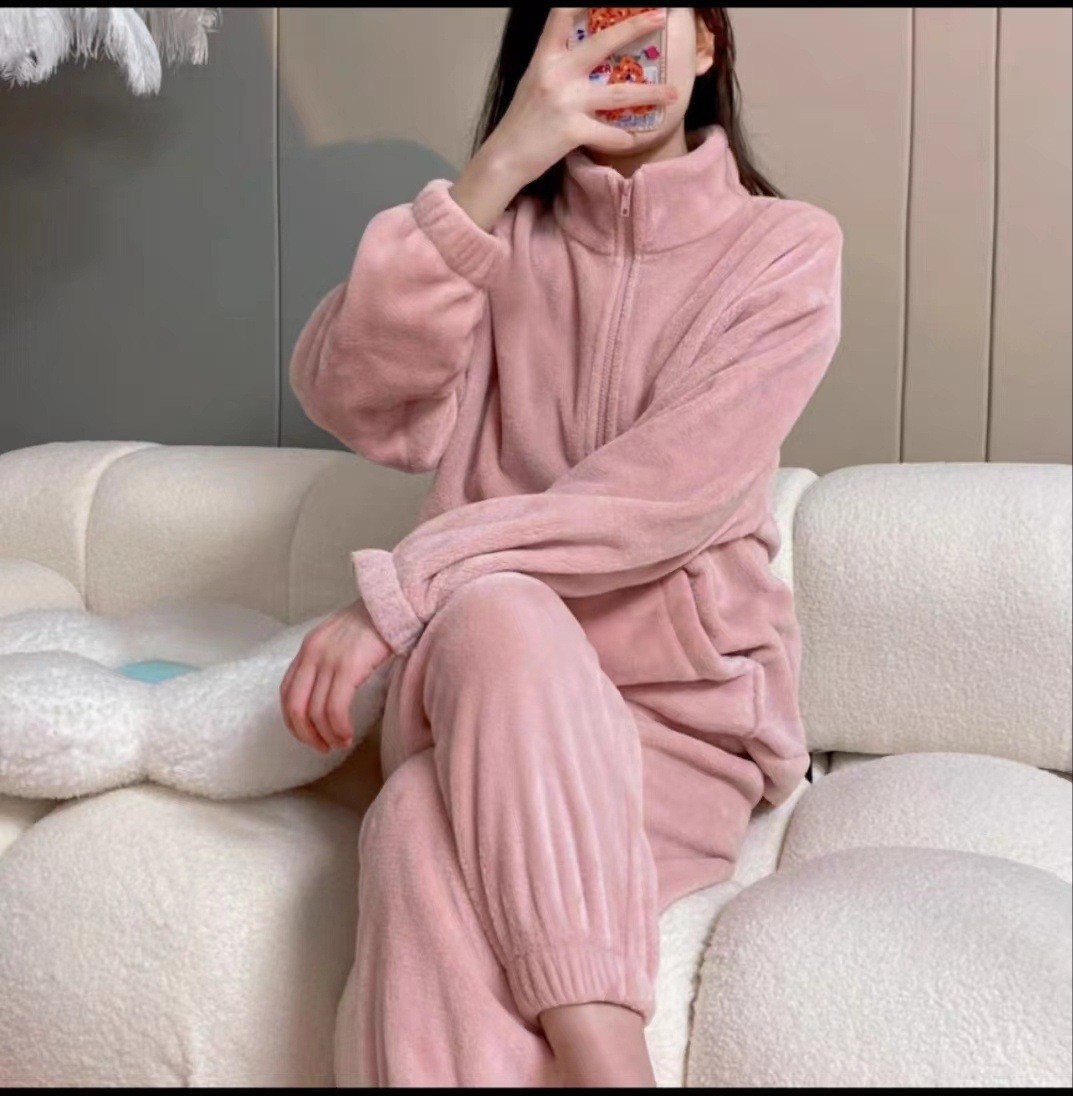 Conjunto de Pijamas de Franela de Terciopelo Coral para Otoño e Invierno, Bonito y Moderno, para Estar en Casa, de Manga Corta, Manga Larga y Pantalones Largos