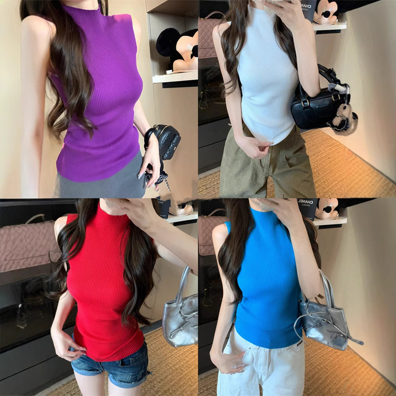 Hot Girl Style Half Turtleneck Knitted Vest Women's Summer Fashion Versatile Slimming Bottoming Shirt Top