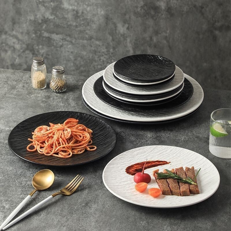 Steak plate, Japanese-style creative plastic stone-patterned shallow plate, high-end home western food plate, light luxury pasta plate, special for kitchen and hotel use Steak plate, Japanese-style creative plastic stone-patterned shallow plate, high-end home western food plate, light luxury pasta plate, special for kitchen and hotel use