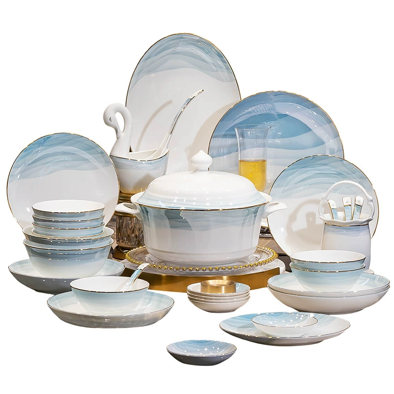 Посуды Jingdezhen, набор столовых принадлежностей, керамические тарелки круглые, глубокие блюда, блюдо с чернилами и свежим стилем, миски и палочки, выбор оптом
