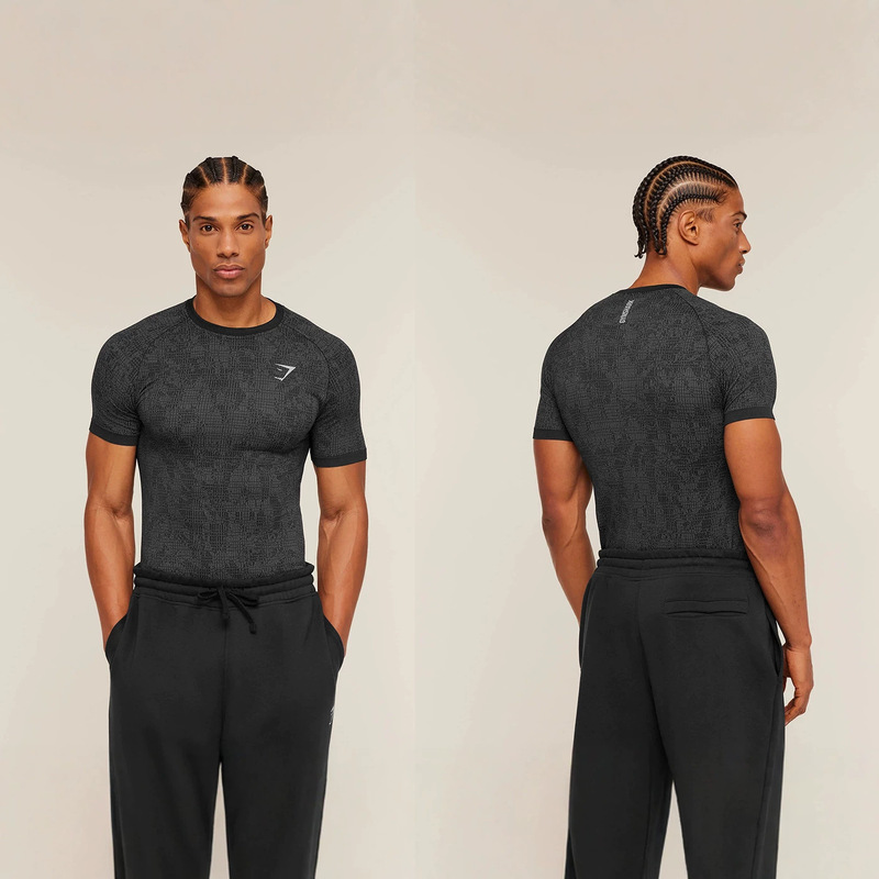 GYMSHARK New Muscle Shark Trendy Sports Fitness Milk Silk Camouflage Print Short Sleeve Tight T-Shirt Top