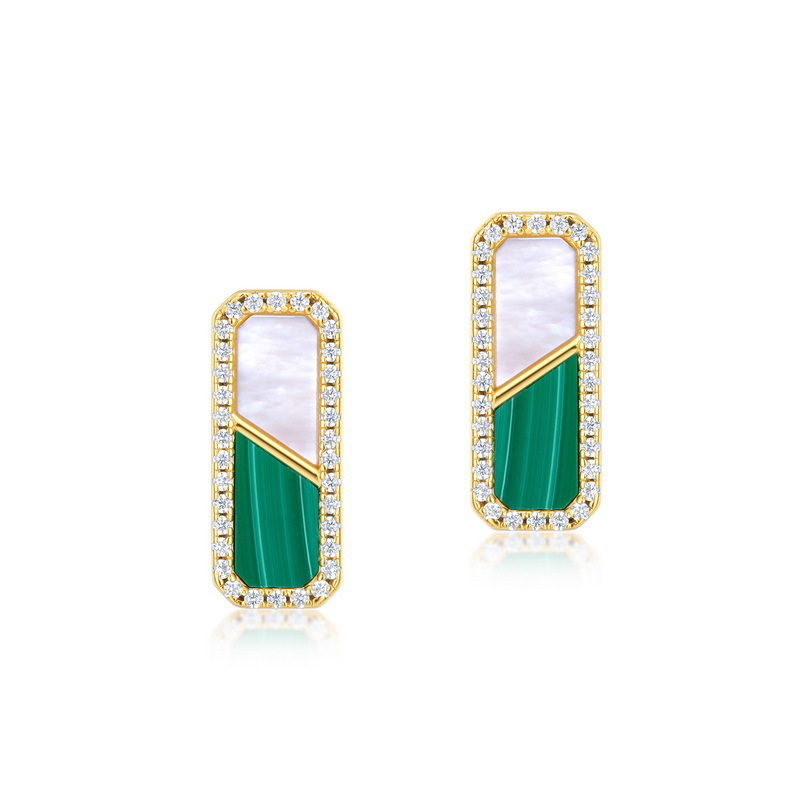 Japanese Geometric Square Malachite Stud Earrings For Women S925 Sterling Silver Inlaid White Shell Earrings Fashion Popular Gifts