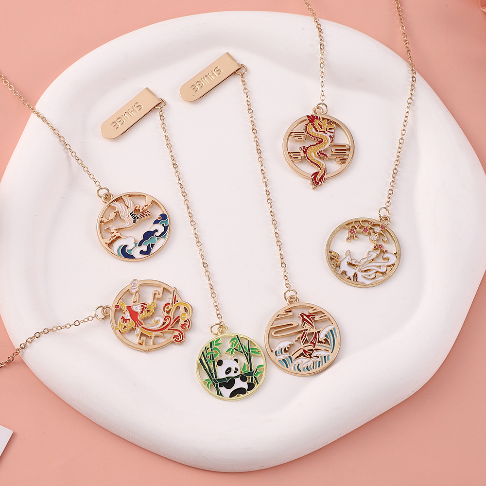 DIY国风熊猫龙凤合金配件合金书签镂空工艺吊坠挂件书页夹文创品