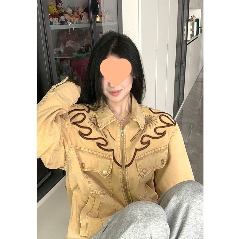 美式复古西部春秋季新款牛仔外套女拉链刺绣夹克宽松个性情侣上衣|undefined
