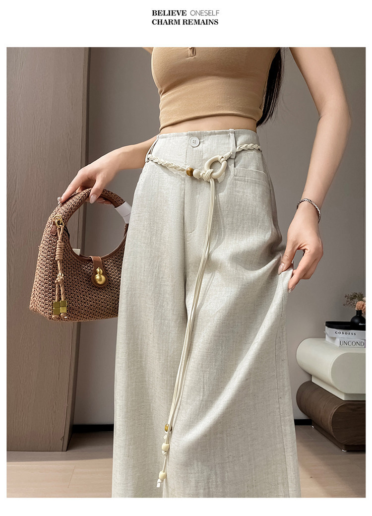 Quần culottes nữ ống rộng vải lanh cạp cao thắt lưng bản to — Màu đen thông thường chi tiết 43