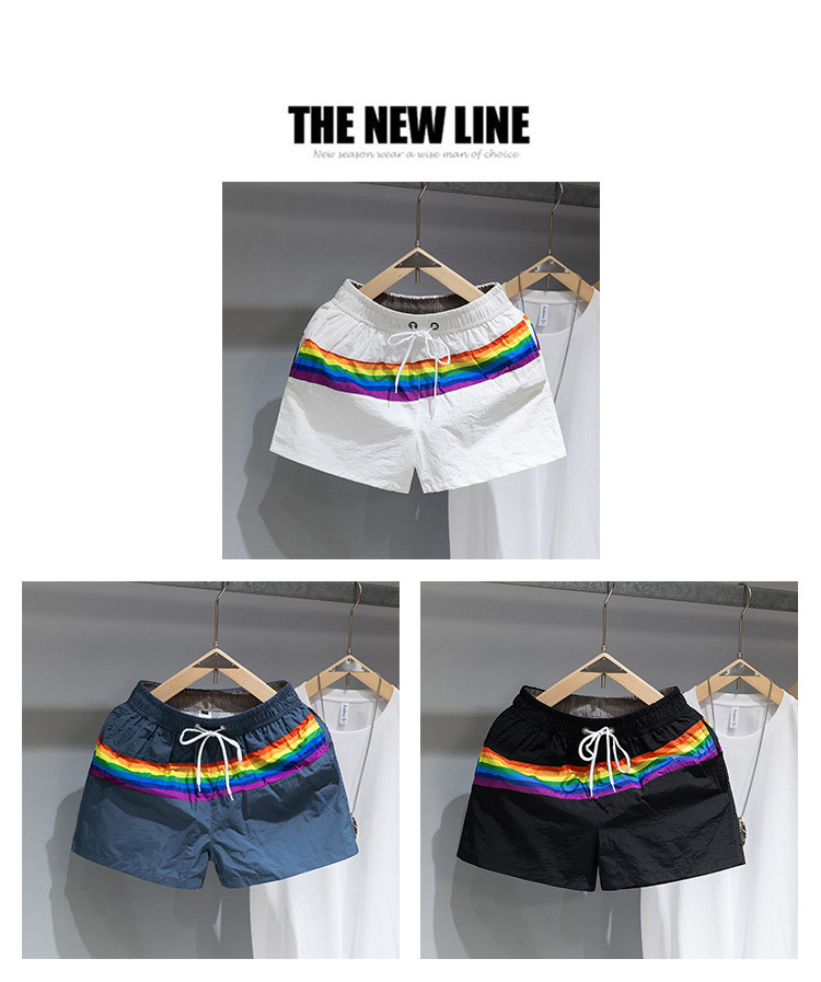 Men's Trendy Beach Shorts Loose Fit Rainbow Stripe Casual Sports Fashion Three Quarter Length Summer Bottoms_viptrois.com