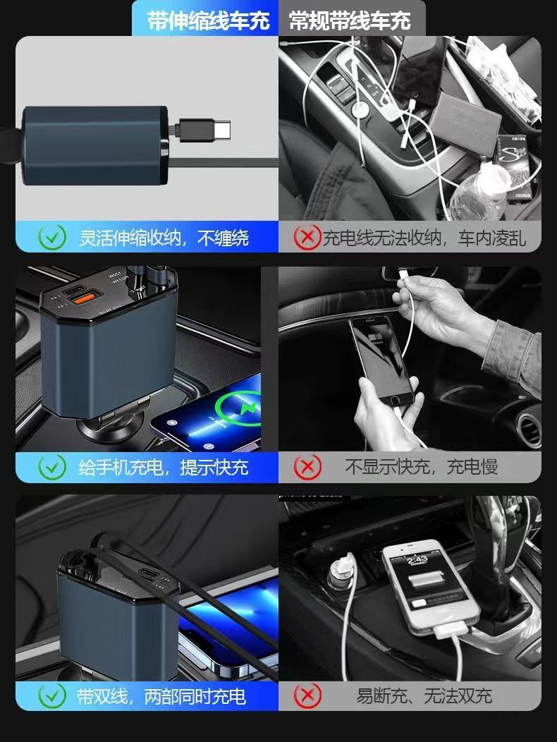 Digital Display Car Phone Charger PD120W Super Fast Charging 4-in-1 Retractable Cable Car Charger Universal Car Accessories