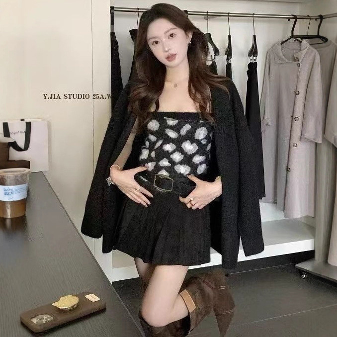 韩版小众时尚慵懒风长袖针织开衫豹纹抹胸搭配女秋季新款潮流百搭|undefined