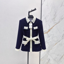 名媛气质小香风新款单排扣海军蓝系带收腰显瘦撞色翻领羊毛呢外套