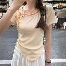 冰丝爽法式纯色茶花短袖t恤女夏季薄款修身显瘦新款抽绳针织上衣