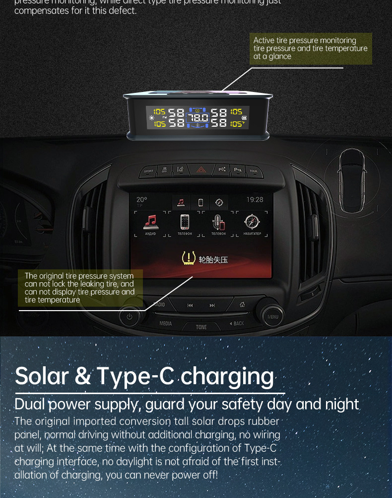 Solar-Powered Tire Pressure Monitoring Tire Pressure Monitor Tpms Tire Pressure Detection Tire Pressure Detector Cross-Border E-Commerce