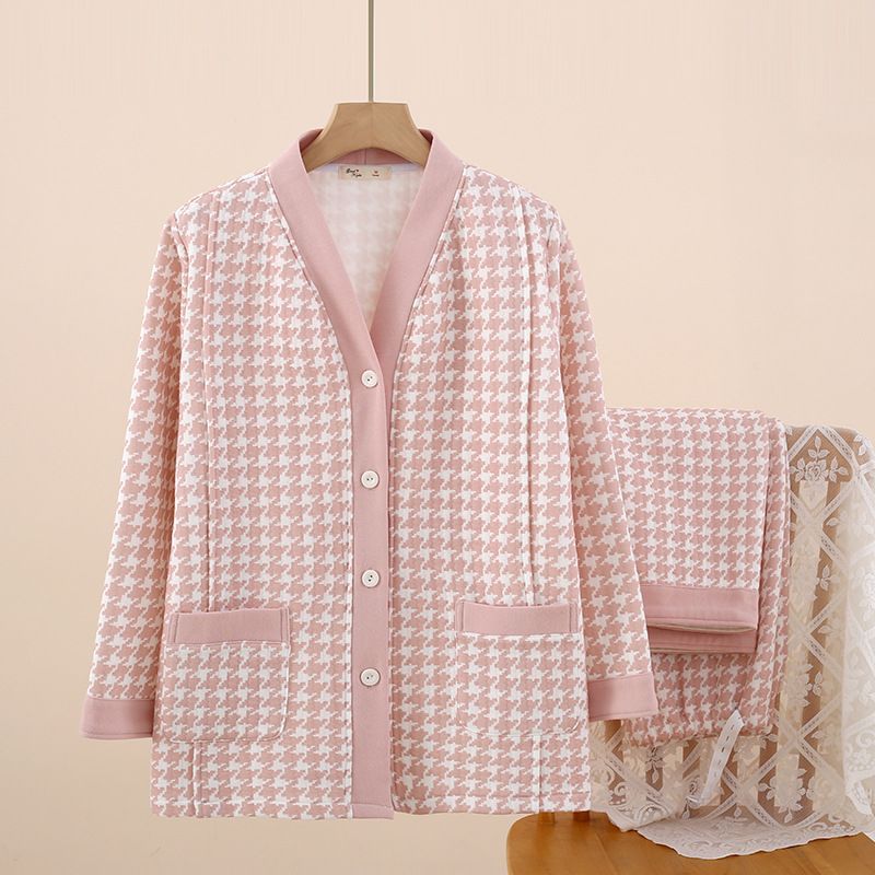 브이넥-에어 코튼-체크-핑크