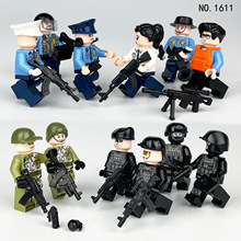 1611城市警察人仔黑色公仔儿童拼装积木玩具卡通模型武器片配件蓝