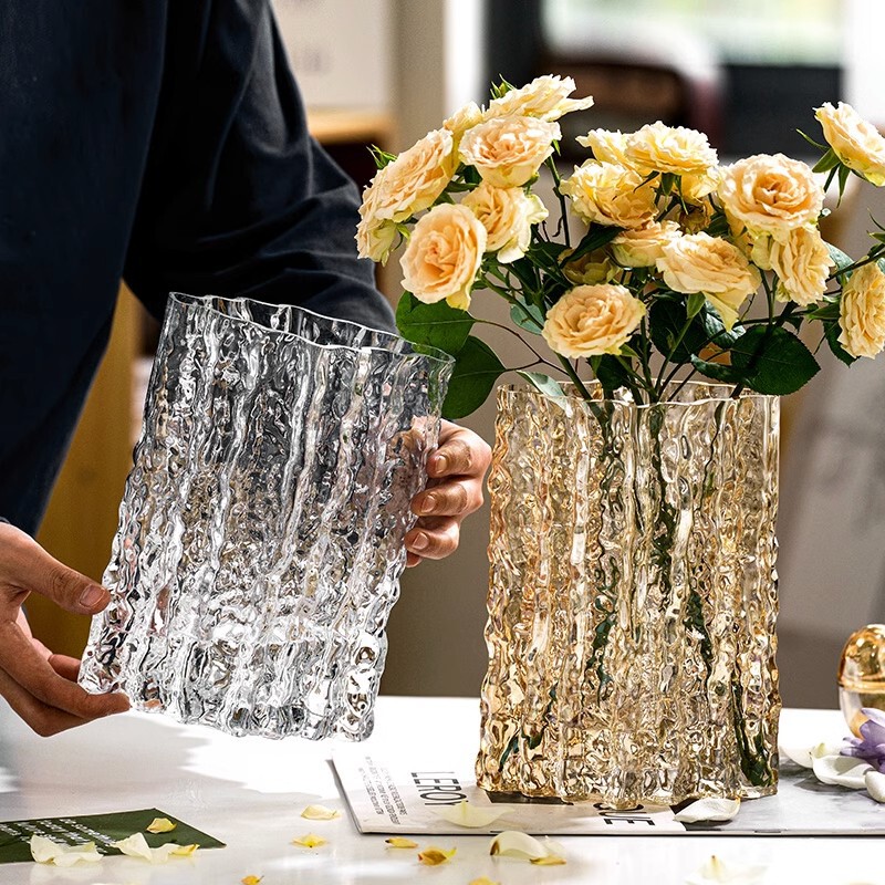 Vase Ornaments Living Room Flower-arranging Glass Transparent Glacier Light Luxury High-end Sense Water-nourishing Ins Large Diameter Cyber Celebrity Flowers