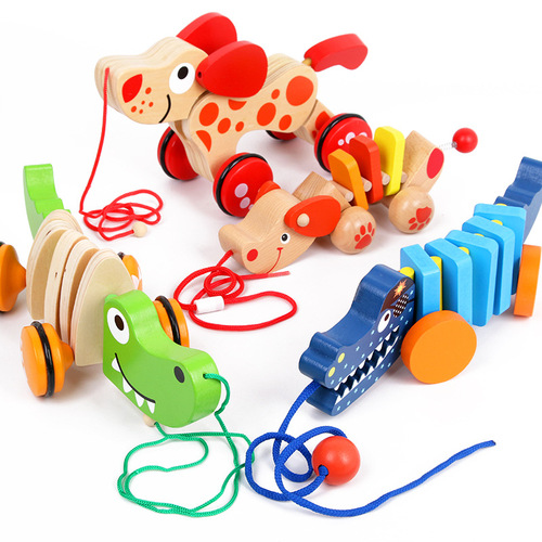 Wooden Pull-along Puppy Crocodile Toy for Infants and Toddlers 1-2-3 Years Old Pull Cord Walking Training Pull Cart
